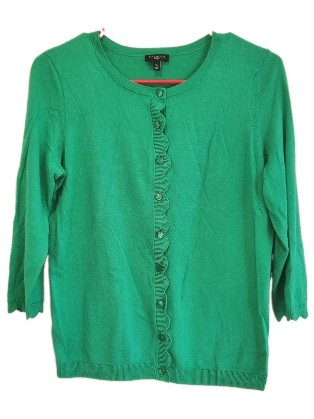 Talbots Emerald Green Scallop Trim Knit Cardigan SP Small Petite Office Preppy